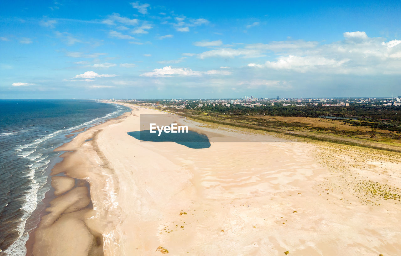 Aerial photo of the zand motor peninsula of the kijkduin beach of the hague. 