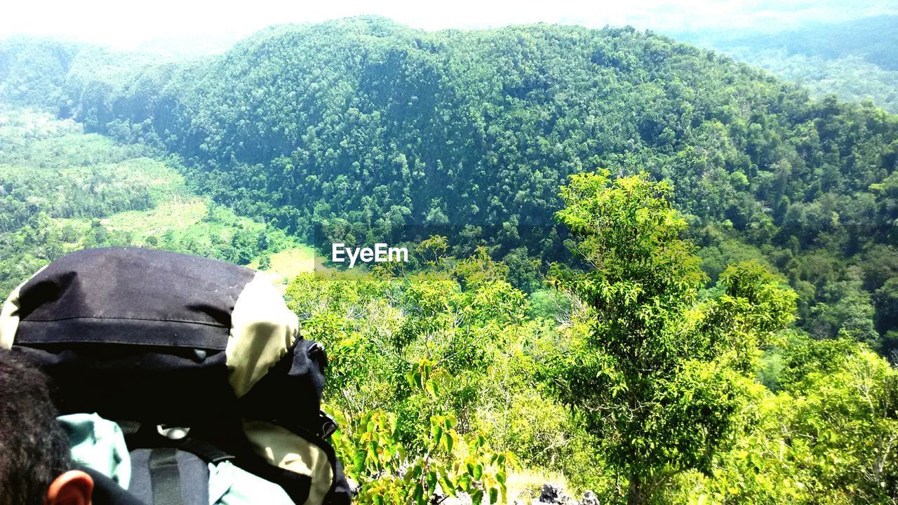 Cropped image of man with backpack against green mountains on sunny day