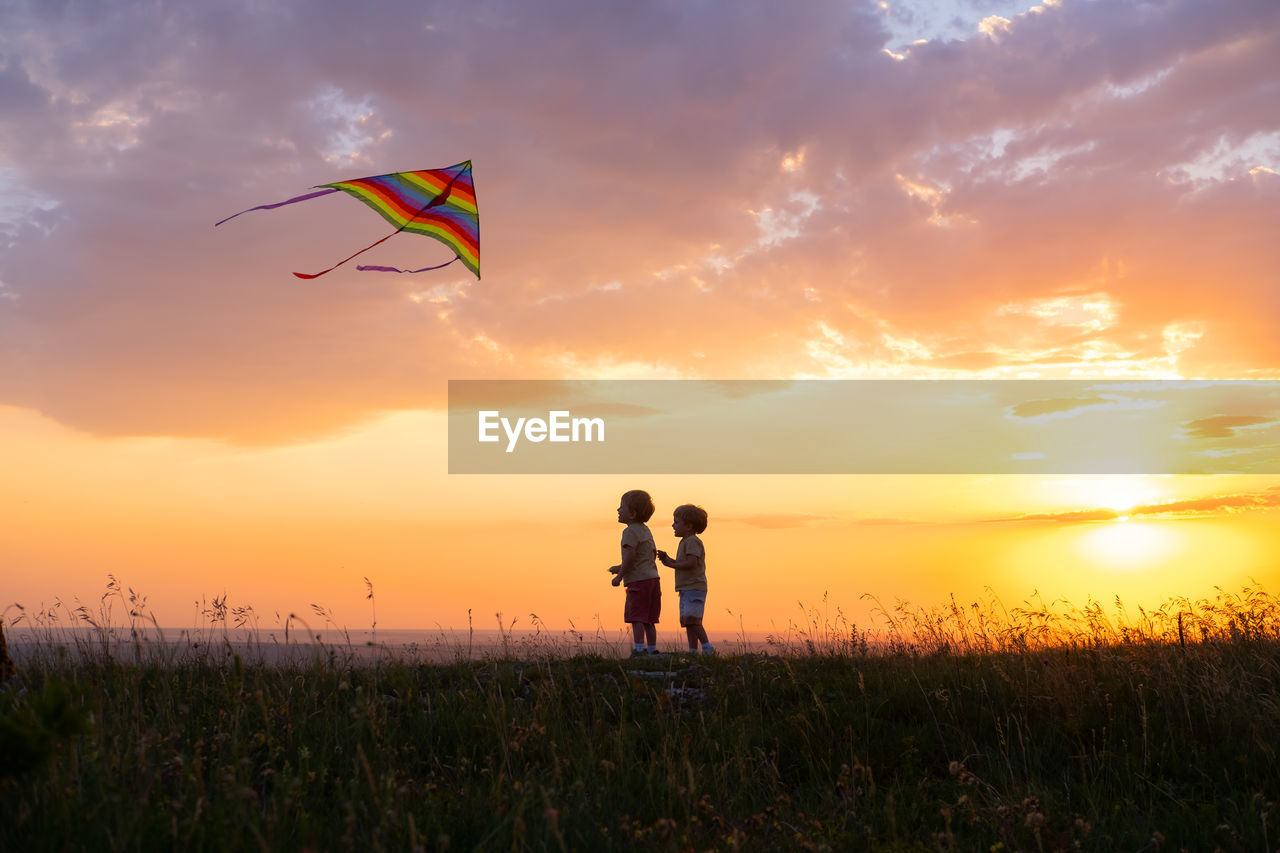 Two happy little kids boys having fun with kite in nature at sunset