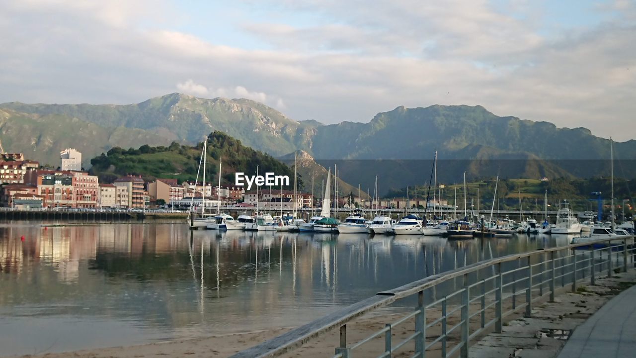 SAILBOATS MOORED IN HARBOR AGAINST MOUNTAINS