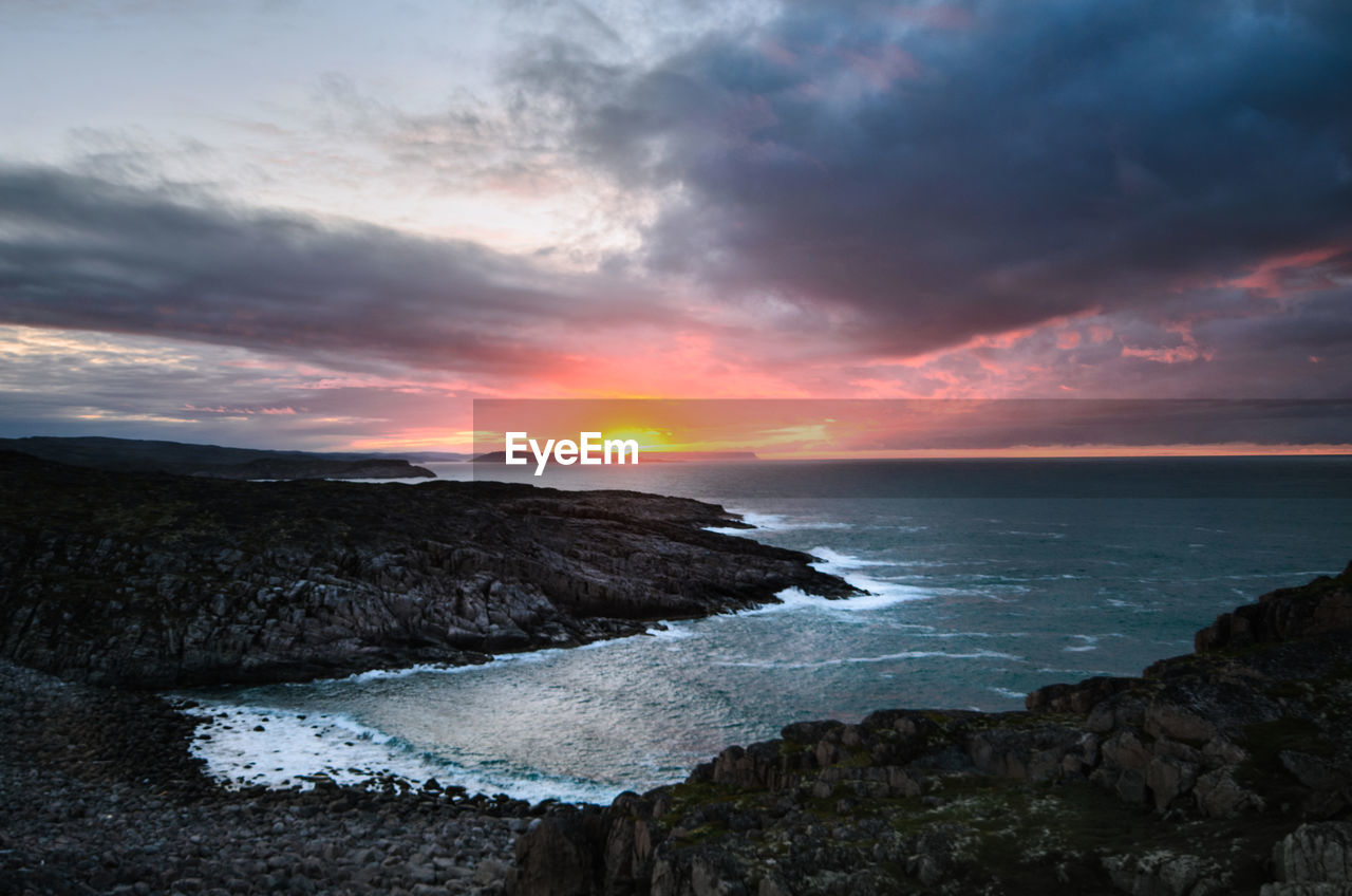 SCENIC VIEW OF BEACH AGAINST SKY DURING SUNSET