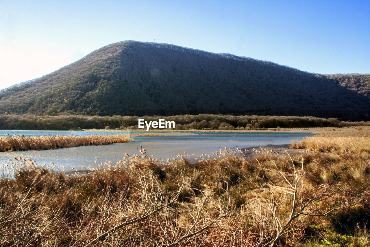 Scenic view of lake against clear sky