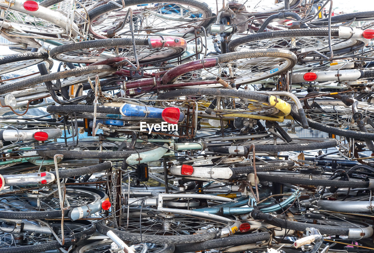 Full frame shot of bicycle stack at junkyard