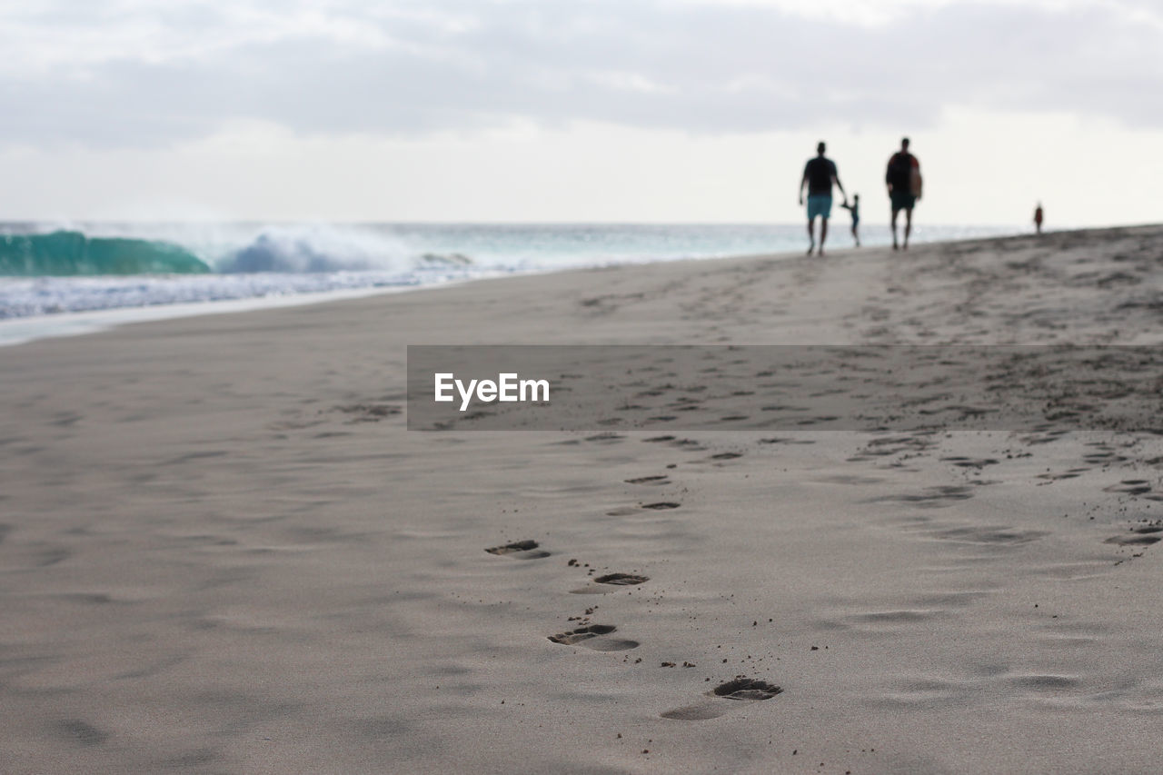 Rear view of people walking at beach
