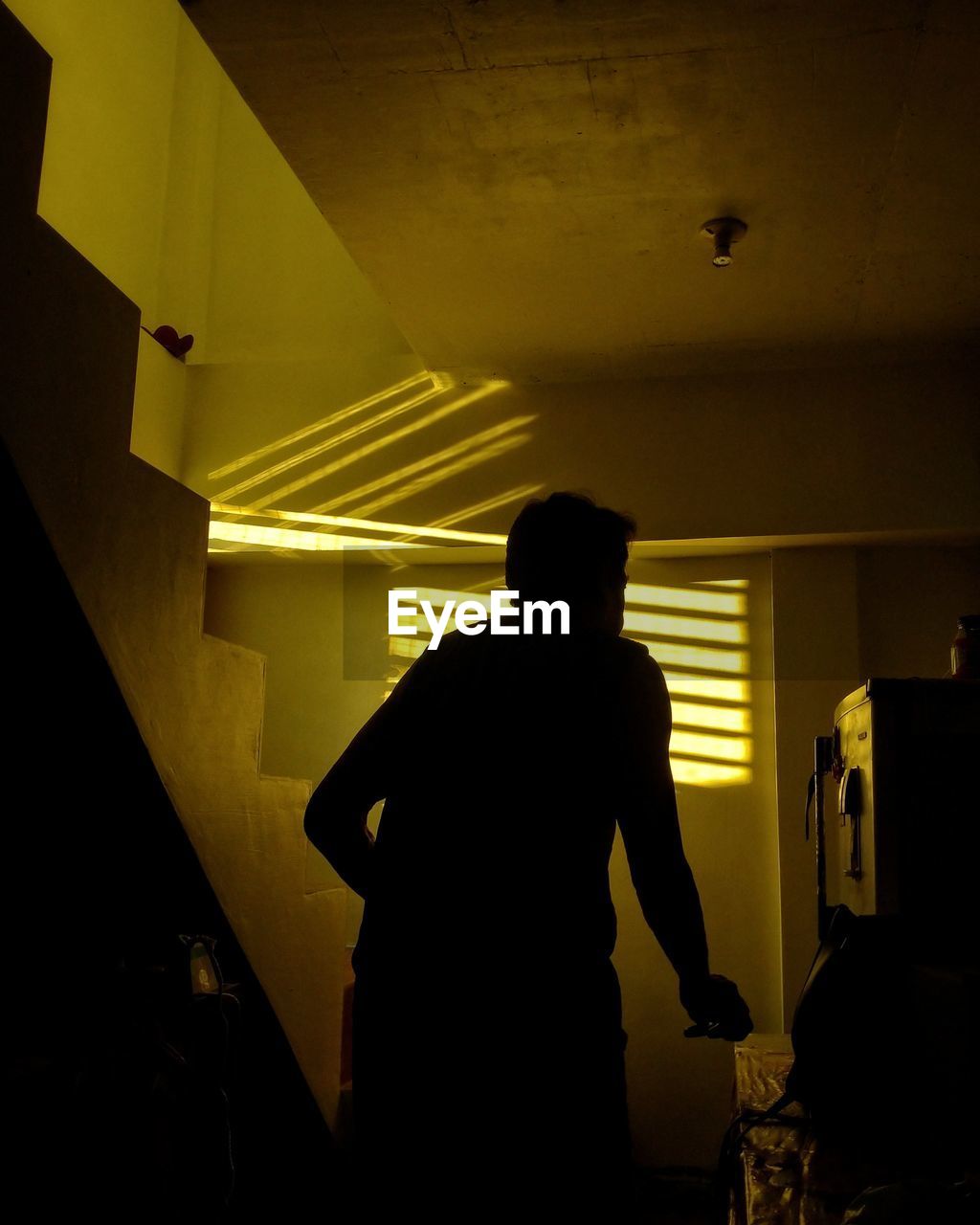 Rear view of silhouette man standing in illuminated building