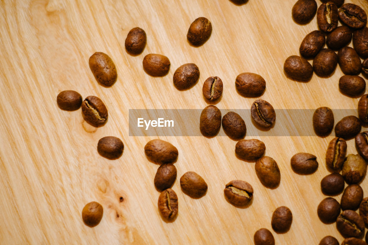 High angle view of coffee beans on table