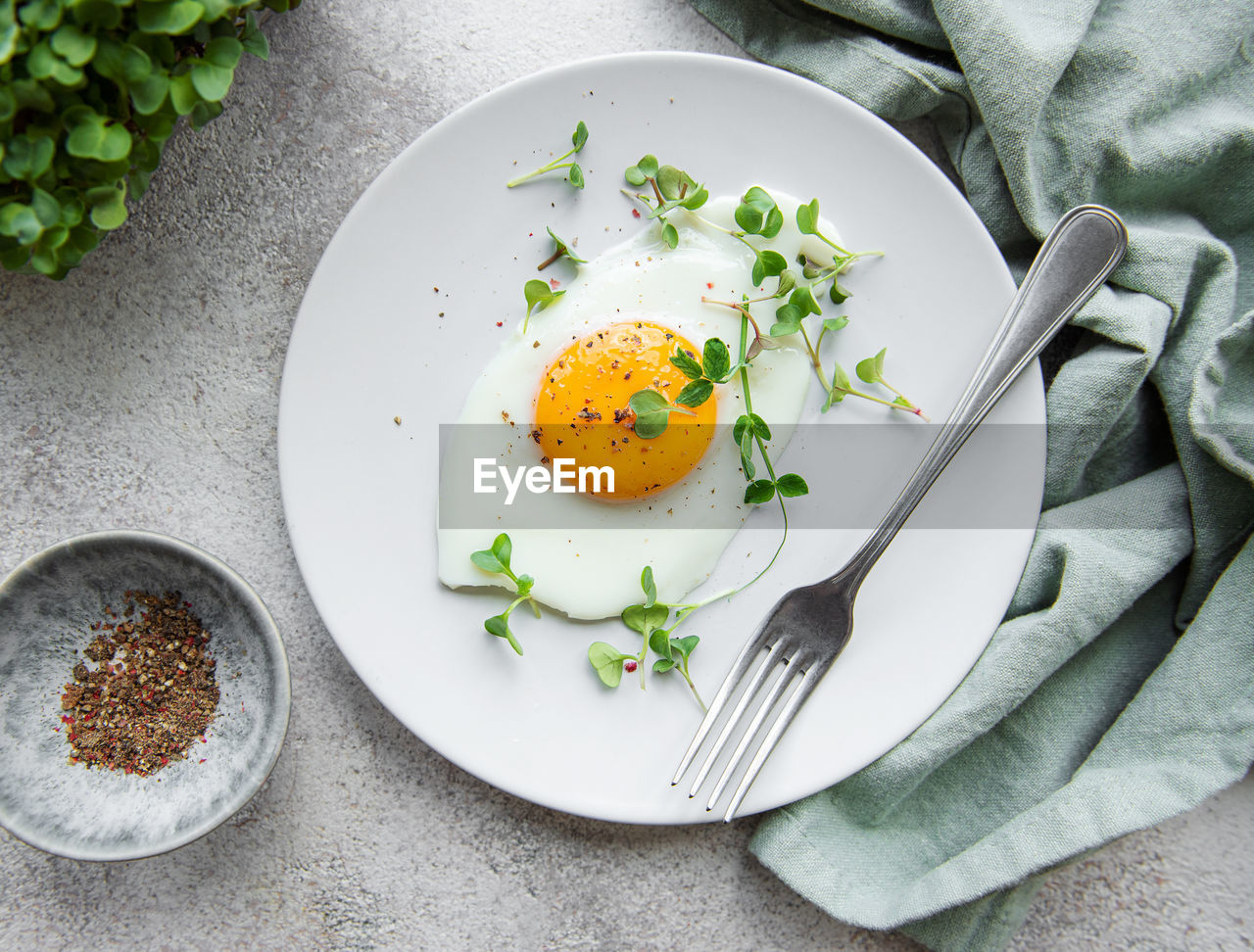 Fried eggs, microgreens and spices on a white plate on concrete background