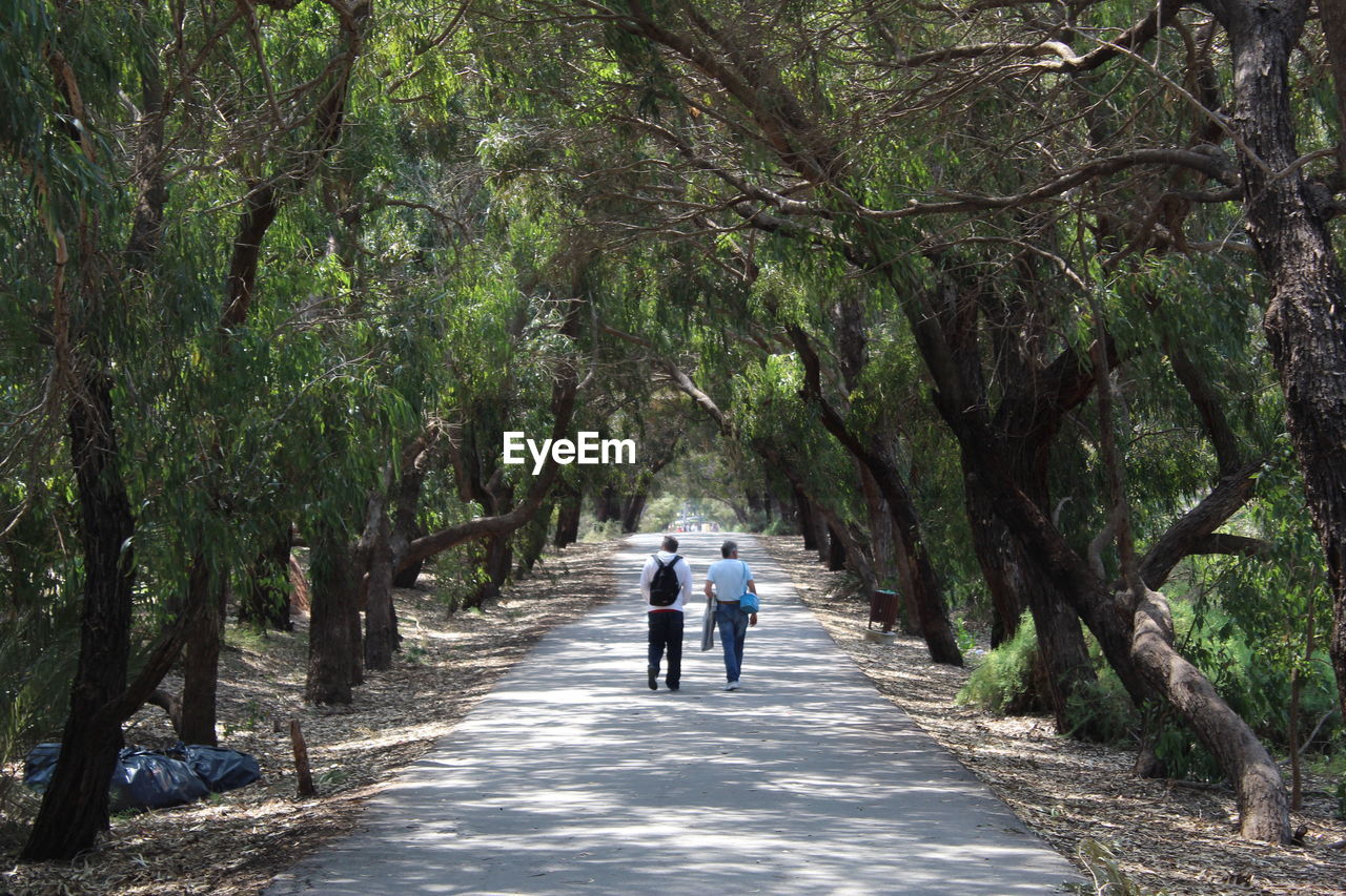 REAR VIEW OF TWO PEOPLE WALKING ON ROAD AMIDST TREES