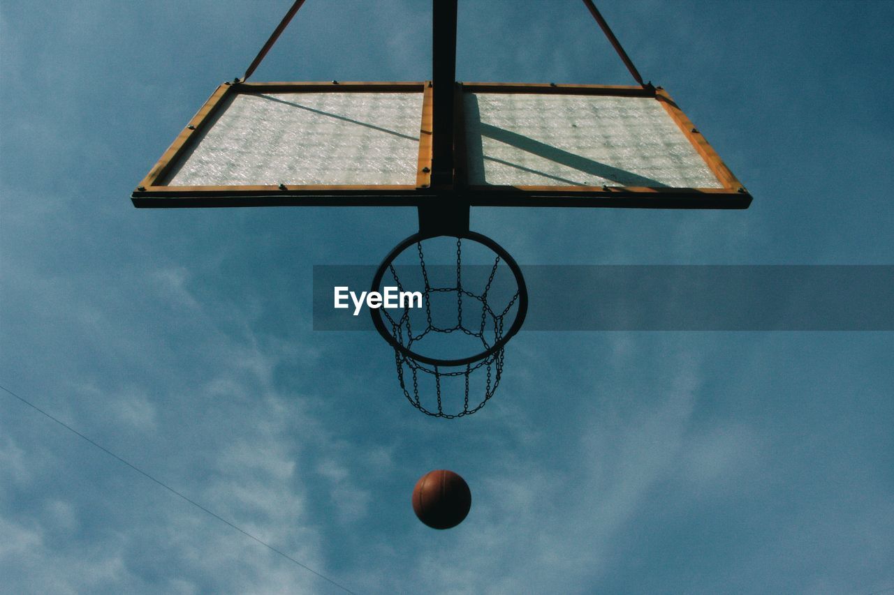 Low angle view of basketball by hoop against sky