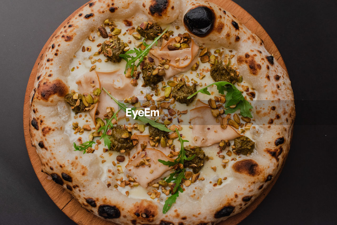 high angle view of pizza on table