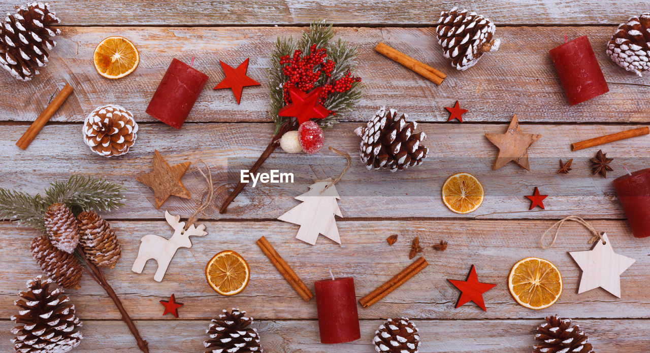 High angle view of christmas decoration on table