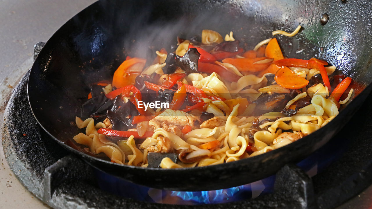 High angle view of food in cooking pan