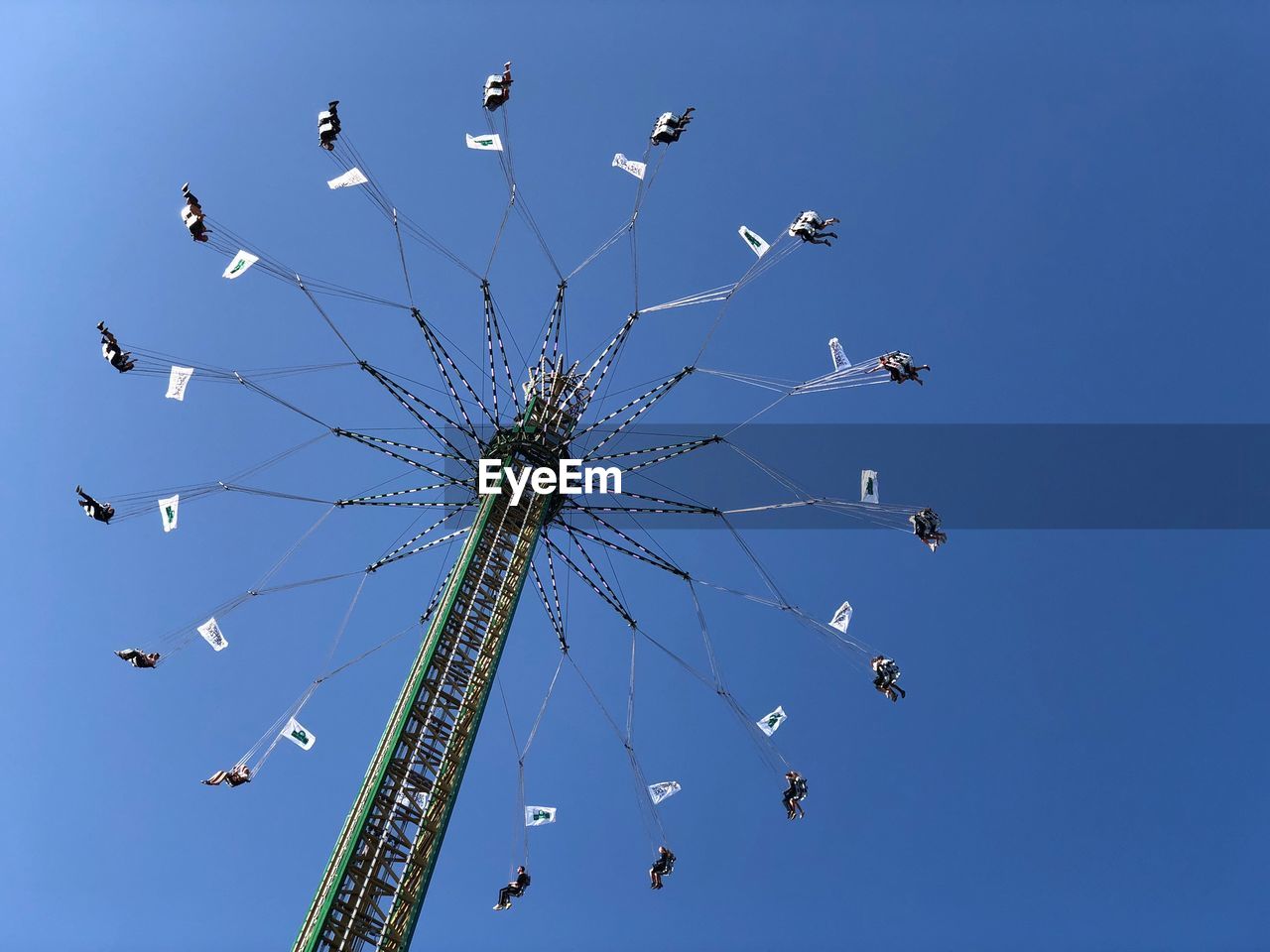 LOW ANGLE VIEW OF ROLLERCOASTER AGAINST CLEAR BLUE SKY