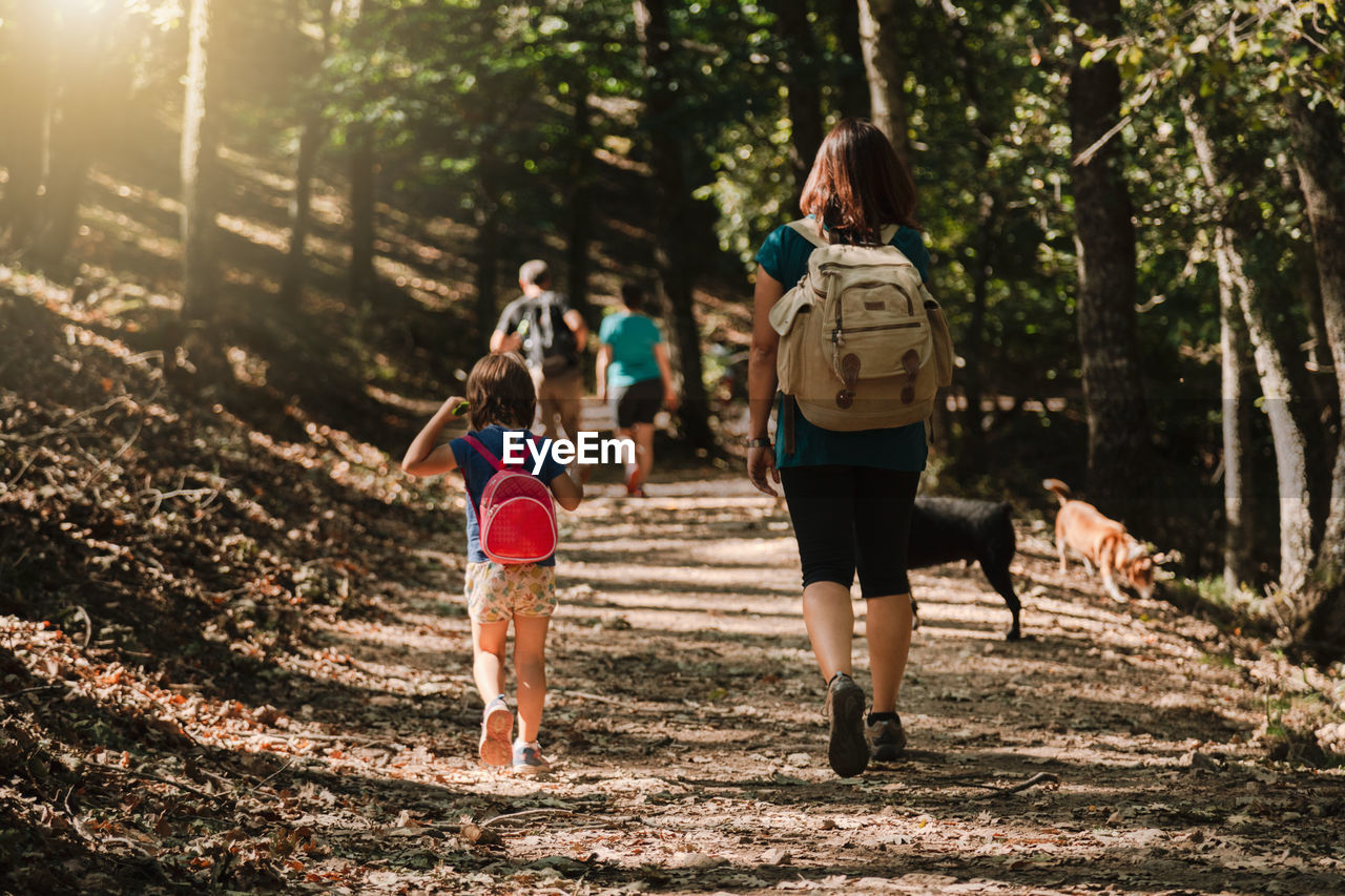 Mother and daughter with dogs hiking in forest