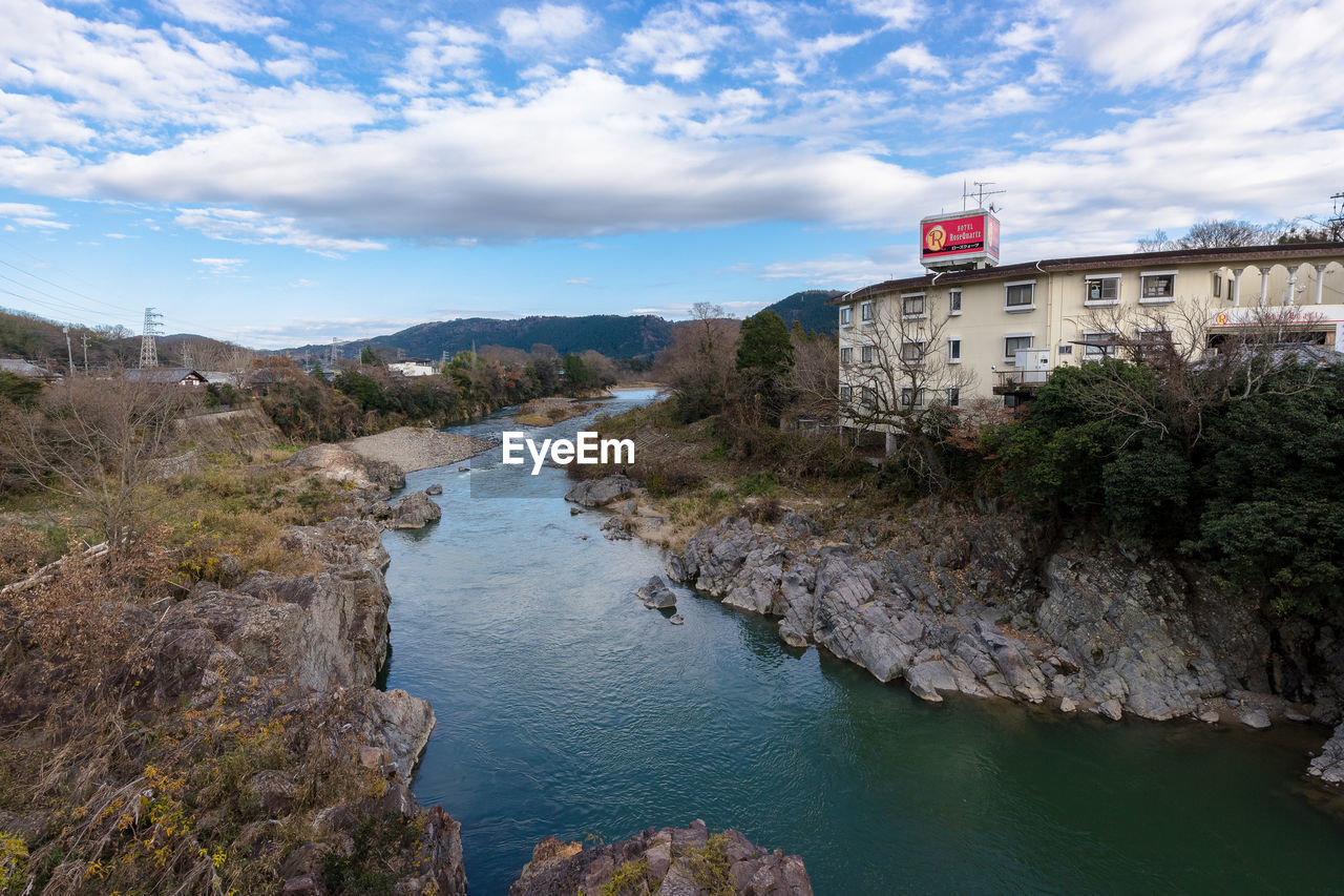 Scenic view of river by mountain against sky