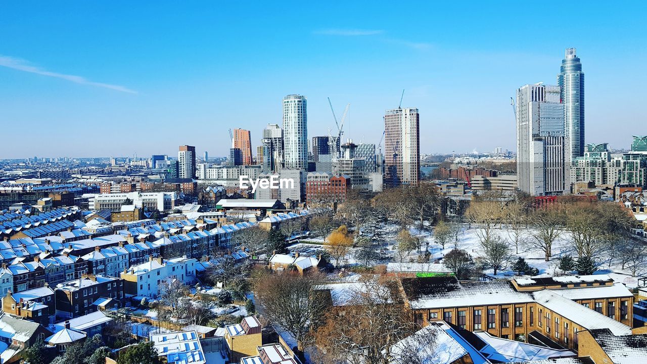 High angle view of cityscape during winter