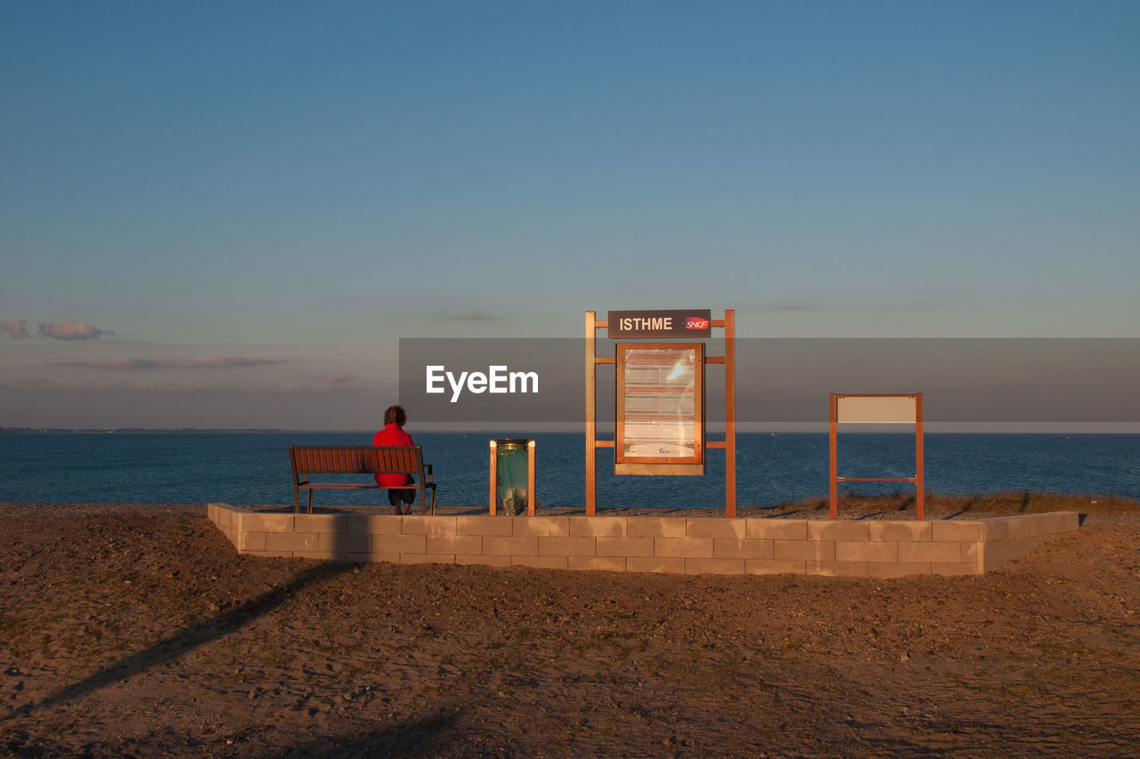Rear view of man standing on beach against clear sky