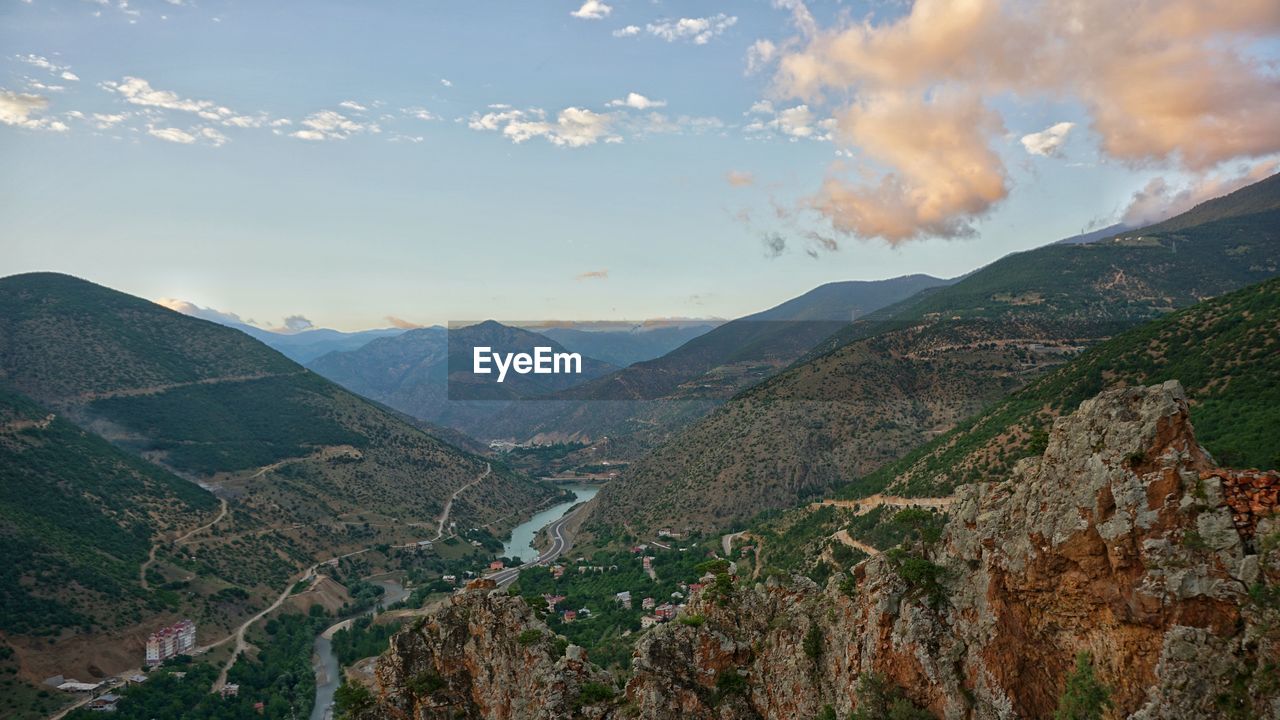 Panoramic view of landscape and mountains against sky