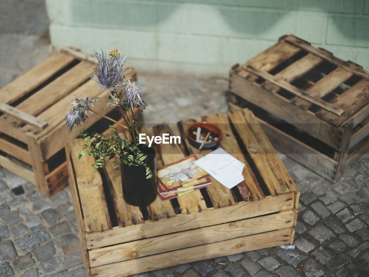High angle view of potted plant with books and cigarette on crate