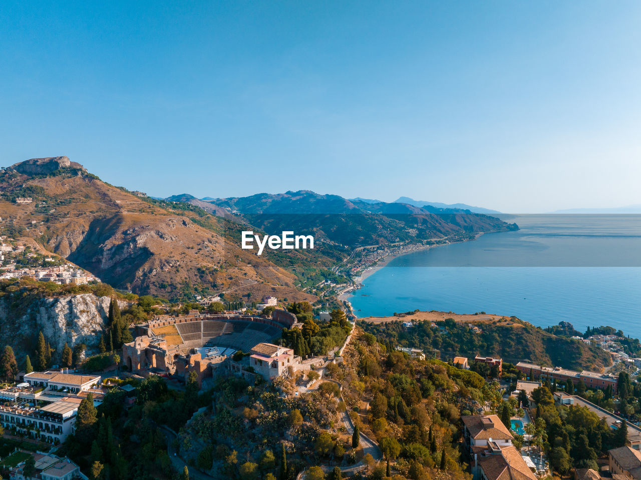 Beautiful aerial view of the taormina town in sicily, italy.