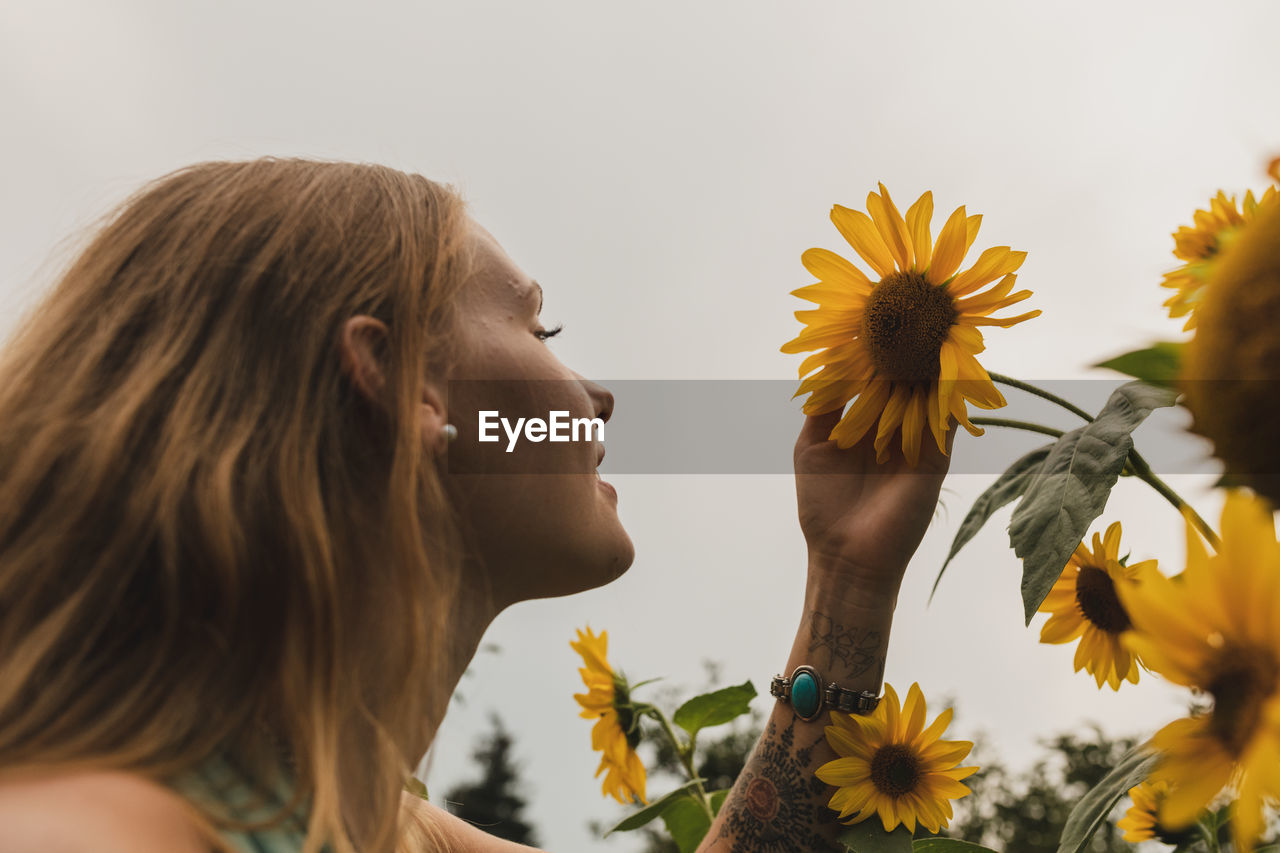 Low angle view of woman looking at flower against sky