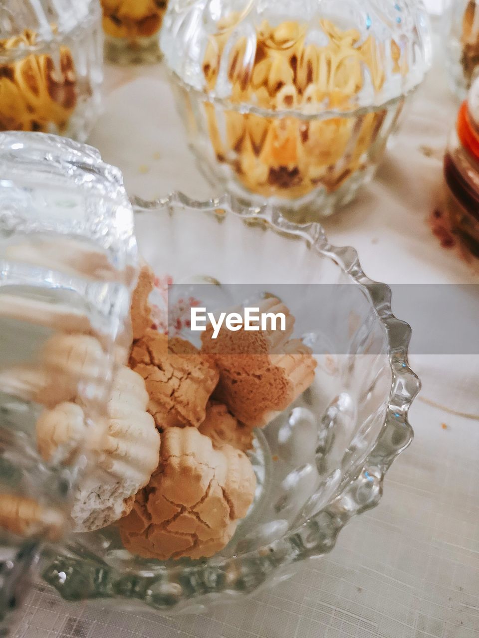 High angle view of biscuits in glass on table