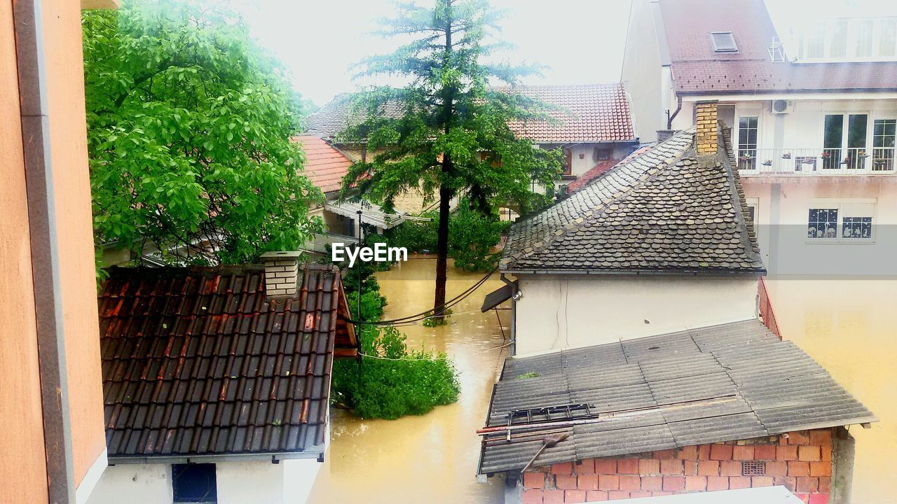 High angle view of houses in town