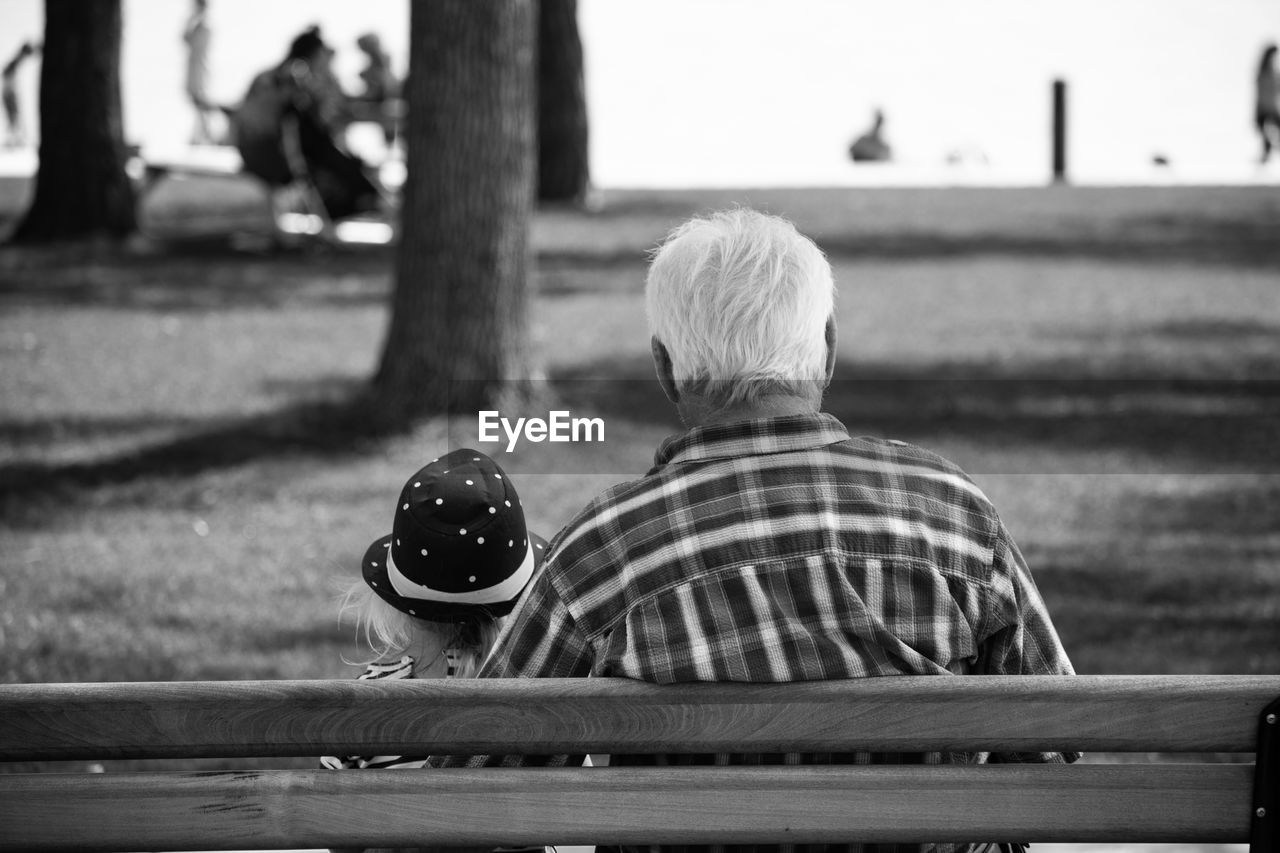 Rear view of girl with grandfather sitting on bench at park