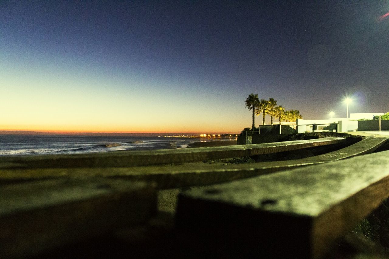 Palm trees by sea against clear sky during sunset