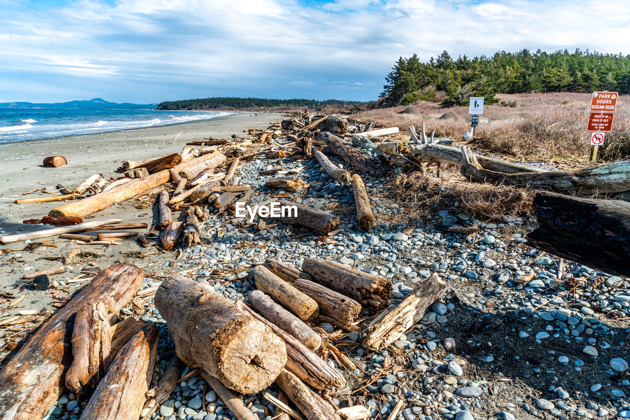 land, water, beach, sea, nature, coast, sky, shore, cloud, rock, wood, day, environment, tree, no people, fishing, outdoors, coastline, scenics - nature, fishing industry, sand, environmental issues, travel destinations, tranquility, timber, log, landscape, sunlight, driftwood, beauty in nature, nautical vessel, body of water, travel