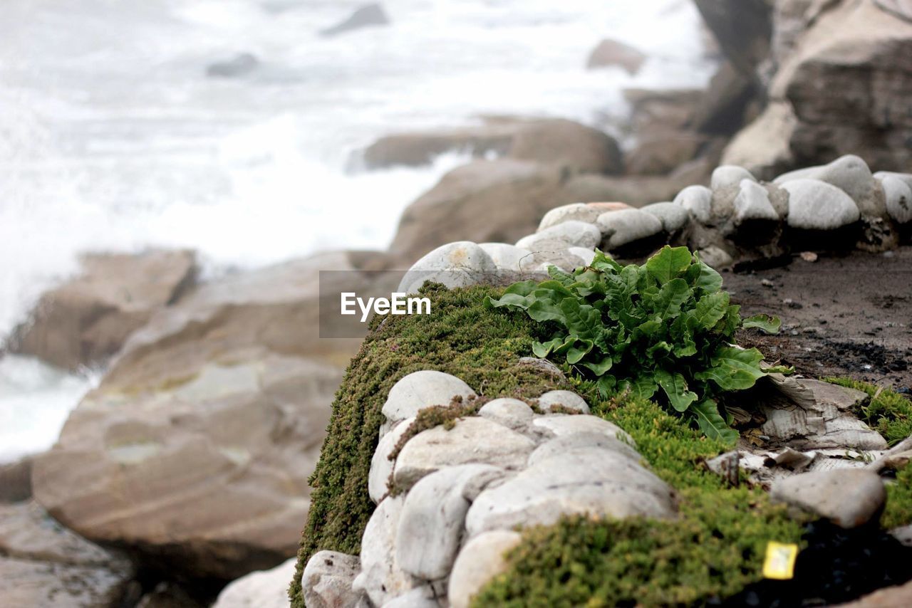 Close-up of rocks against sky