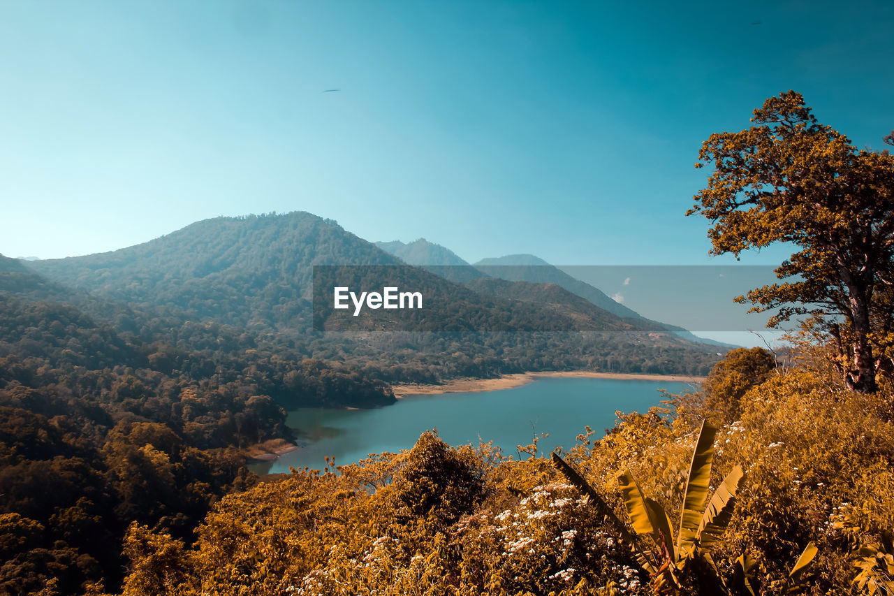 Scenic view of lake and mountains against sky