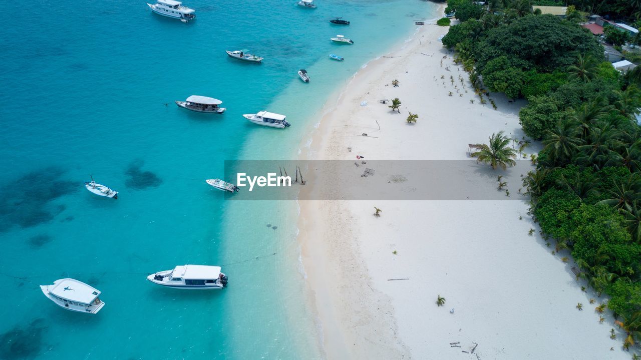 High angle view of boats moored on sea