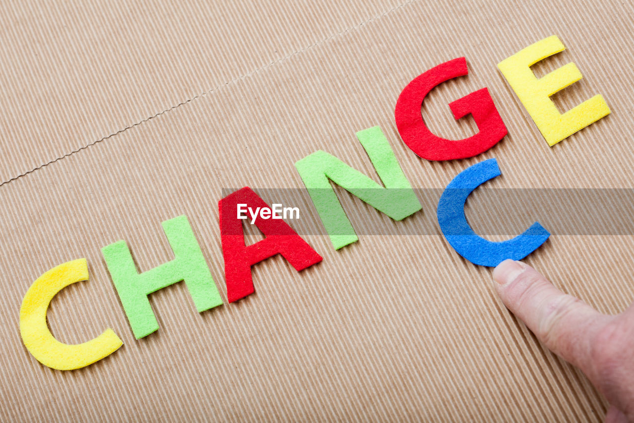 Cropped finger of person pointing at letter c by change text on cardboard