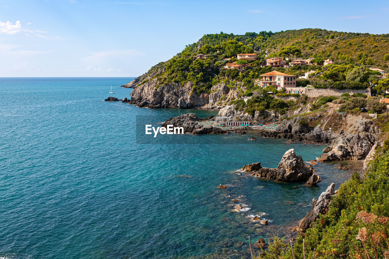 Cape promontory on the sea at talamone in tuscany italy