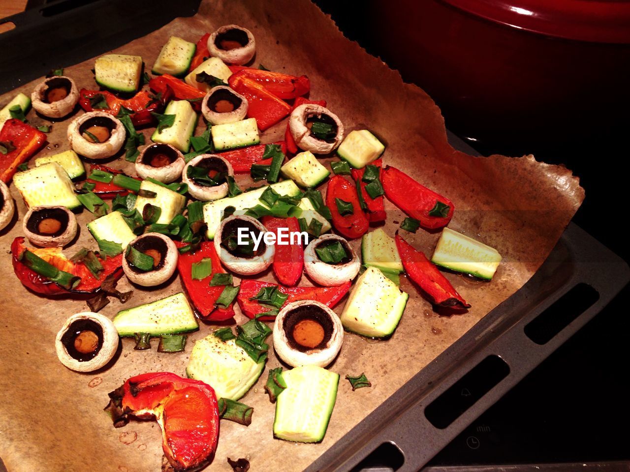 High angle view of vegetables in baking sheet