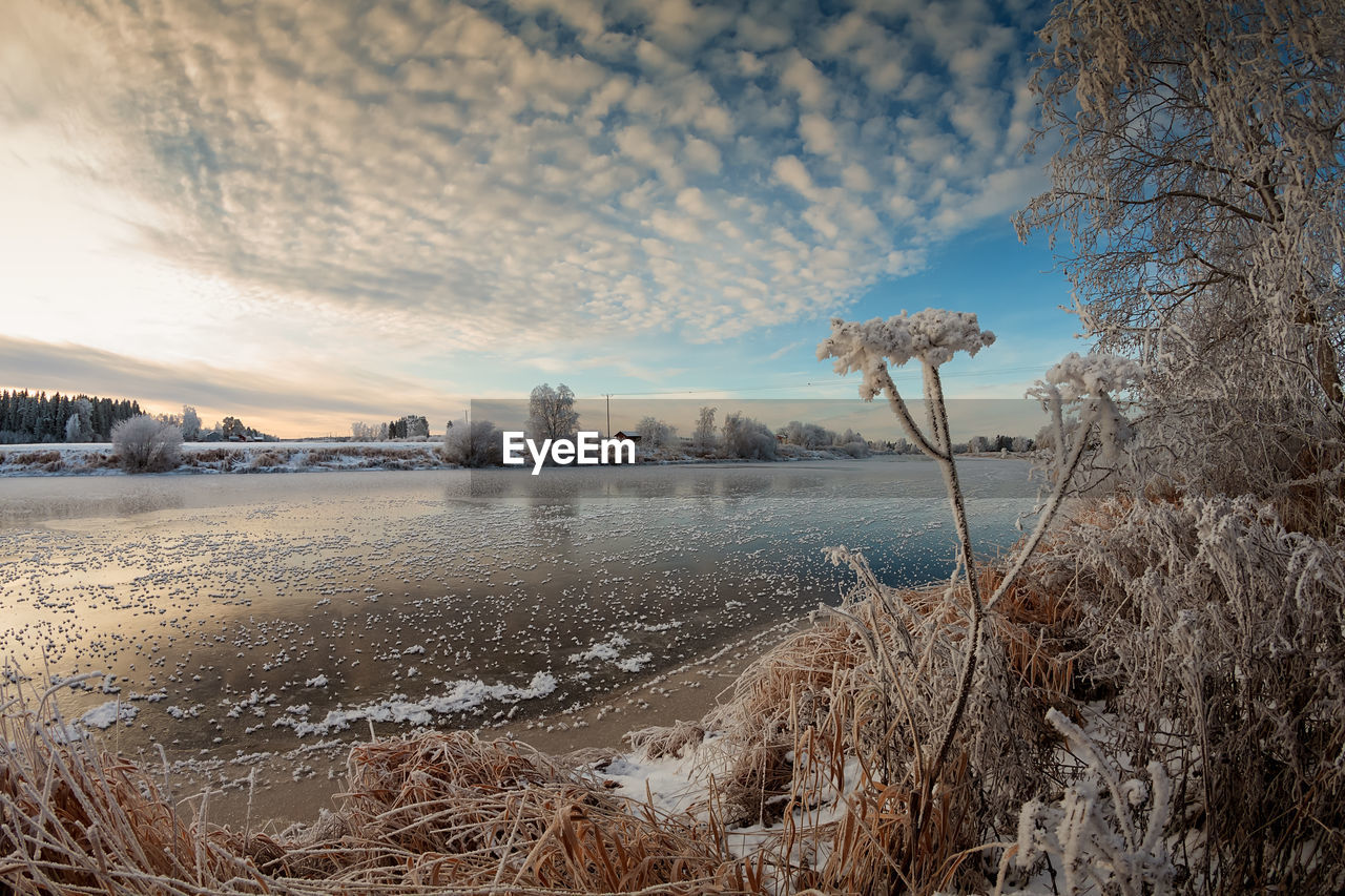 Scenic view of lake against sky during winter