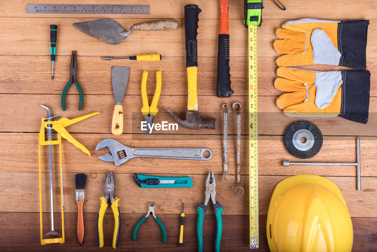 Directly above shot of work tools on table