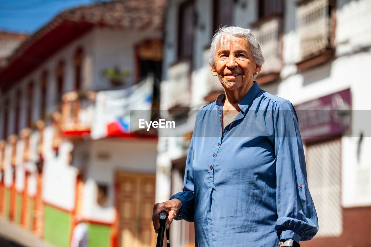 Senior woman tourist at the heritage town of salamina in the department of caldas in colombia
