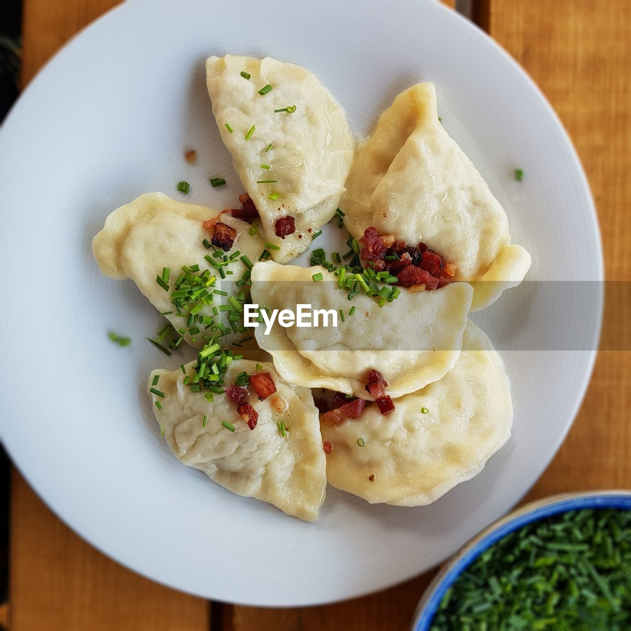 Directly above shot of dumplings in plate on table
