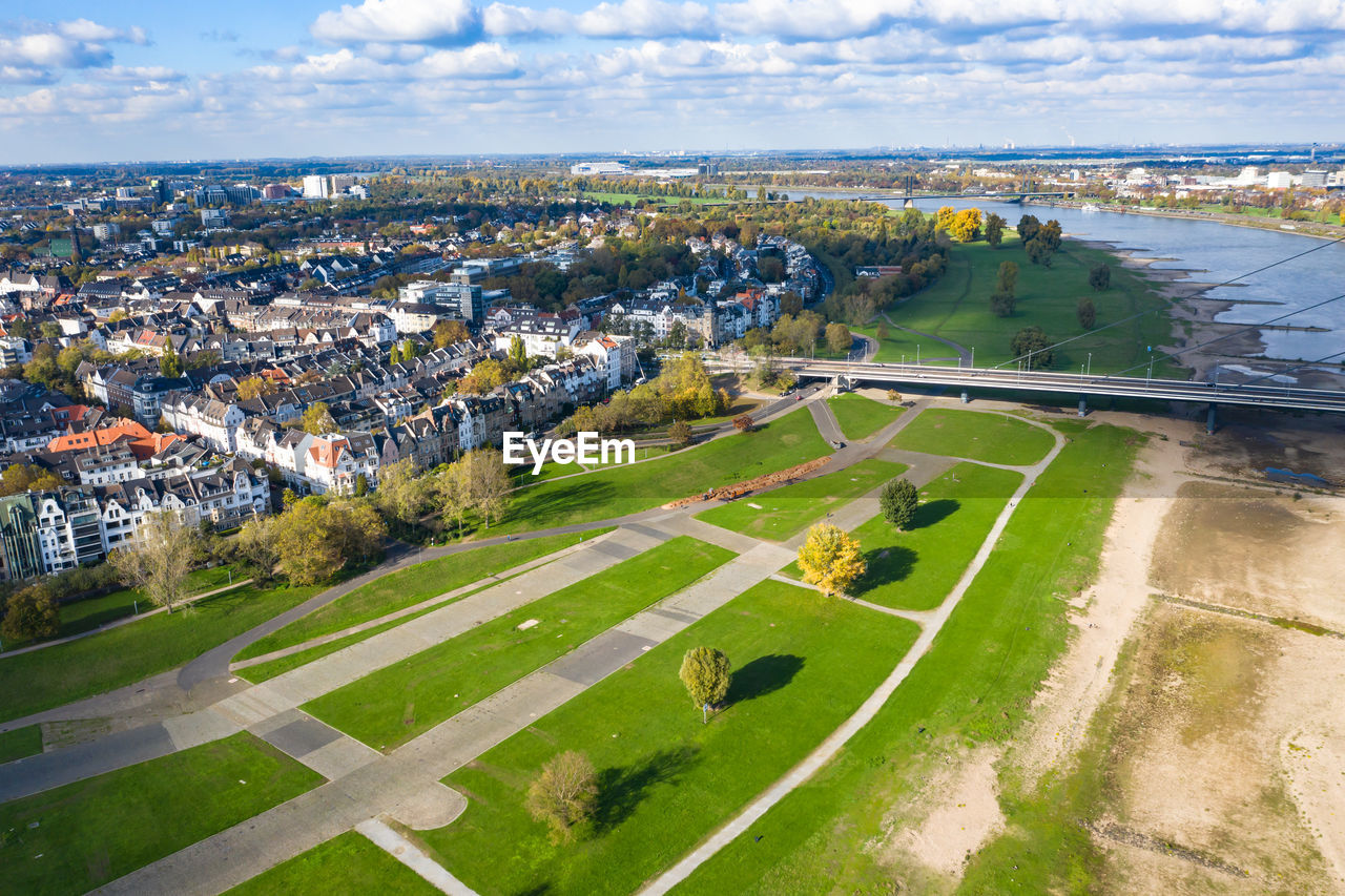 The banks of the rhine in düsseldorf and a bird's eye view of the city