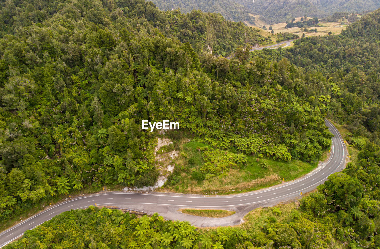 High angle view of road amidst trees in forest