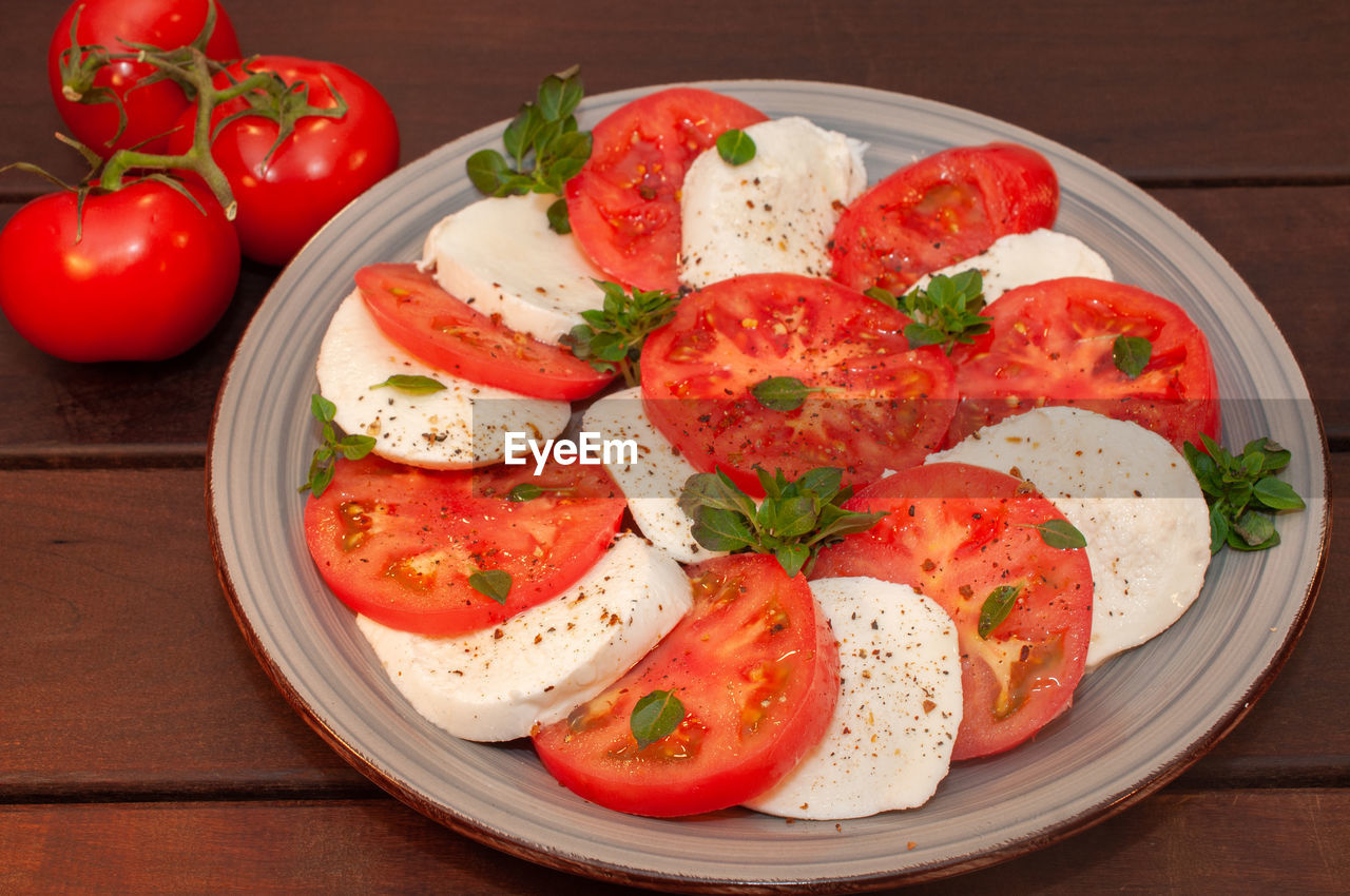 high angle view of food served in plate on table