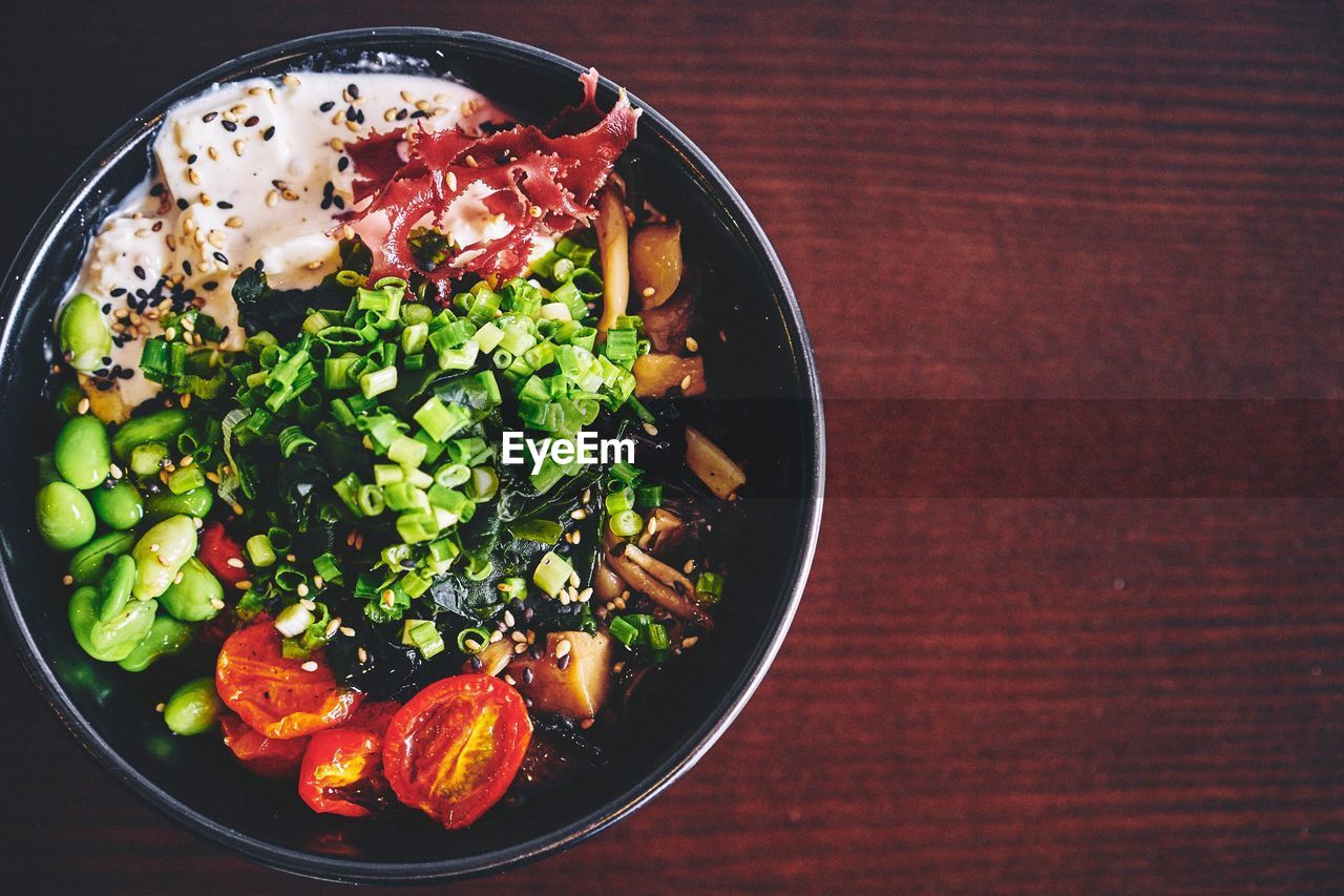 High angle view of salad in container on table