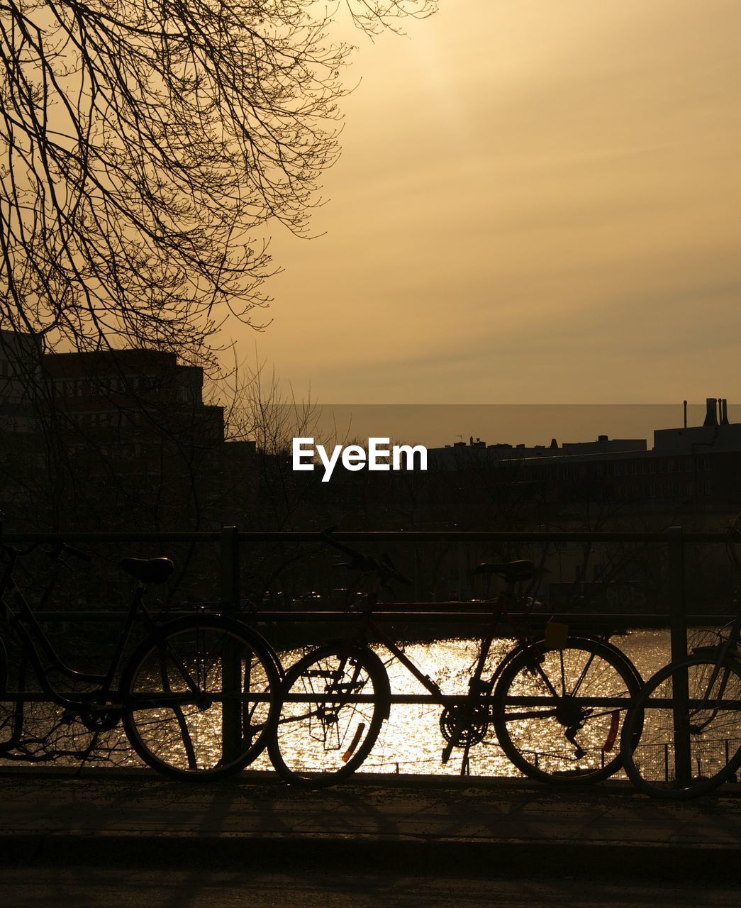 Silhouette of bicycles on bridge at sunset