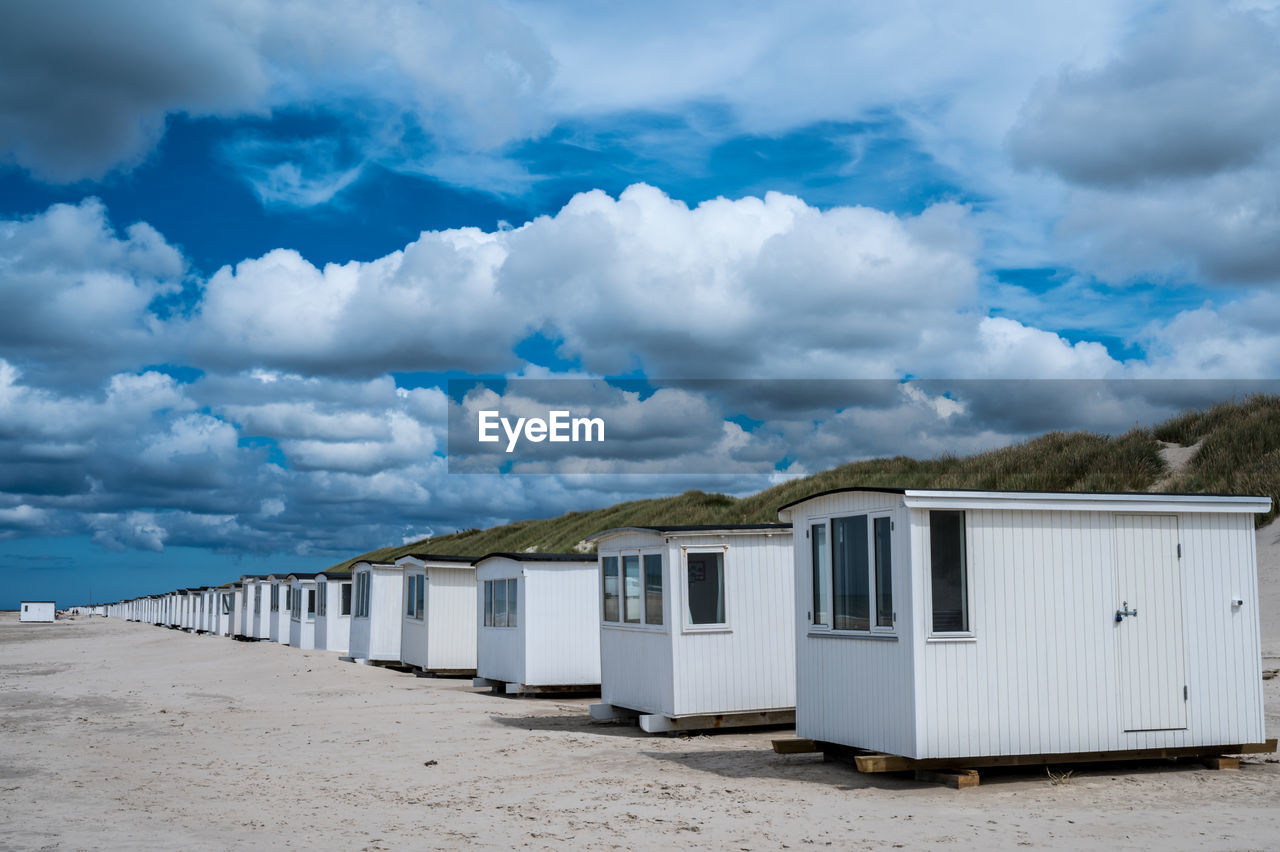 The white beach cottages at blokhus beach, denmark