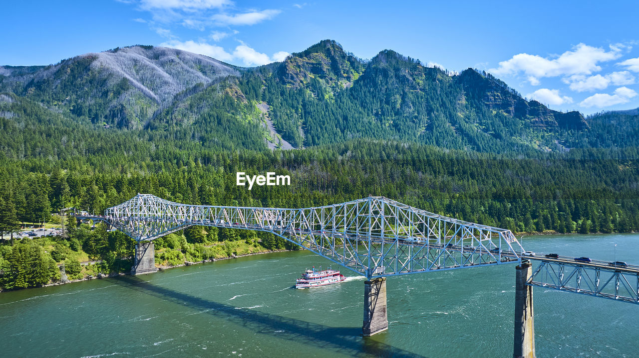 high angle view of bridge over river amidst mountains against sky
