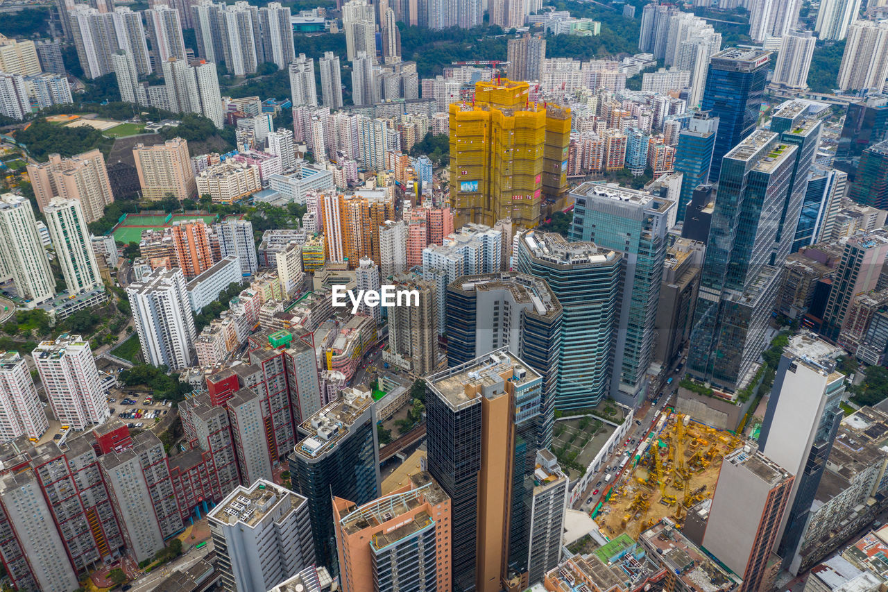 High angle view of city buildings