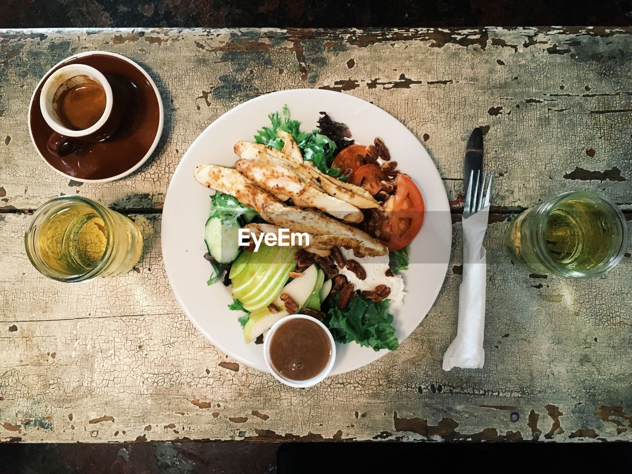 High angle view of food served in plate on table
