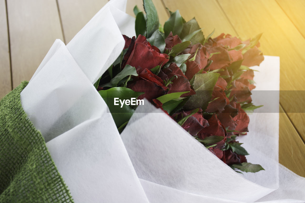 High angle view of flower bouquet on table